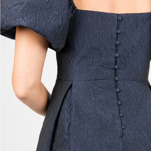 THML Navy Textured Midi Dress with Puff Sleeves - Picture 3 of 5